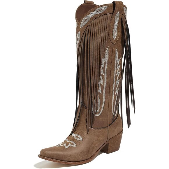 ⚡ Women Brown Faux Leather Fringe Knee High Cowgirl Chunky Heel Pull On Boots - Picture 1 of 7